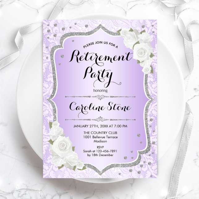Invitation Parti de retraite - Roses blanches d'argent violet (Créateur téléchargé)