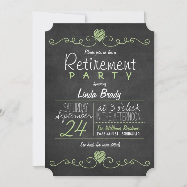 Invitation Parti de retraite Rustique Green et White Chalkboa (Devant)