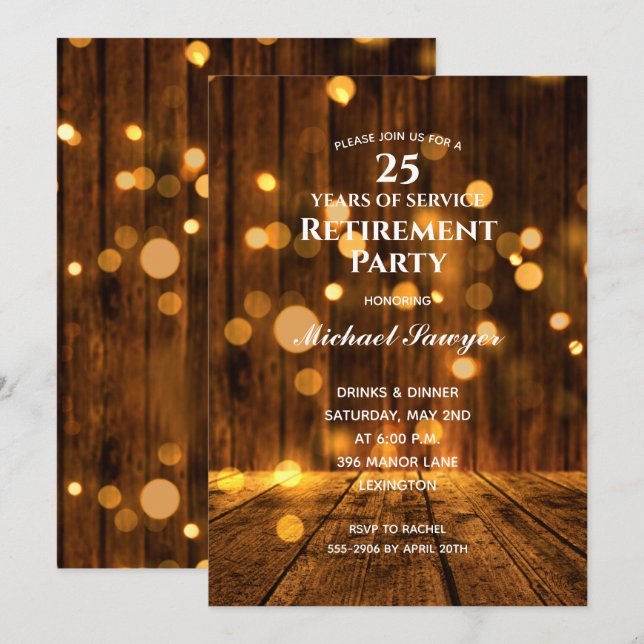 Invitation Parti de retraite Rustique Wood and Lights (Devant / Derrière)