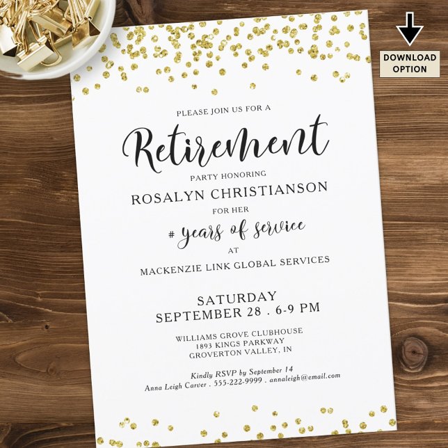 Invitation Parti de retraite Script moderne Gold Confetti (Créateur téléchargé)