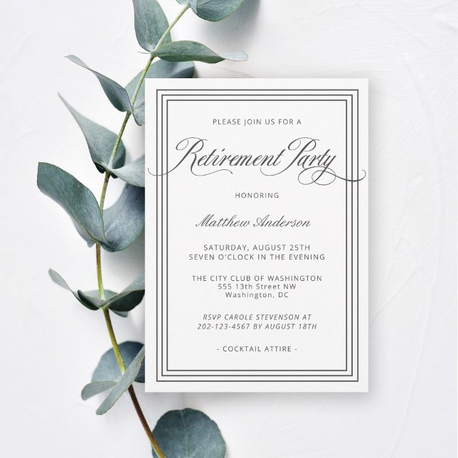 Invitation Parti de retraite simple et élégant blanc (This elegant retirement party invitation is available as printed or digital download.)