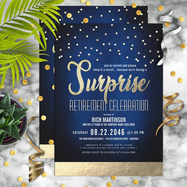 Invitation Parti de retraite surprise Blue et Gold Confetti (Créateur téléchargé)