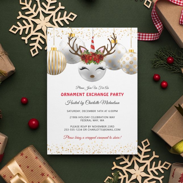 Invitation Parti d'échange de l'ornement de la licorne Cute (Christmas Holiday Reindeer Ornament Exchange Invitation)