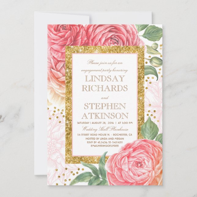 Invitation Parti d'engagement Confetti en or rose Floral (Devant)