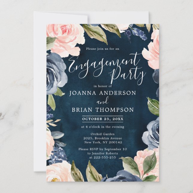 Invitation Parti d'engagement de la Marine Blue Blush Rose Ro (Devant)