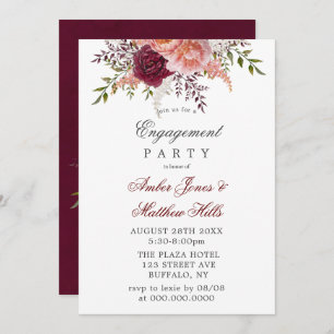 Invitation Parti d'engagement des pivoines rousses et bordeau