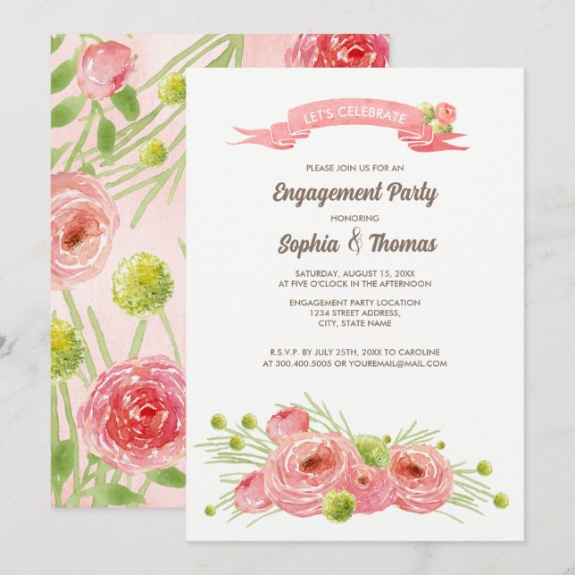 Invitation Parti d'engagement des Roses romantiques en aquare (Devant / Derrière)