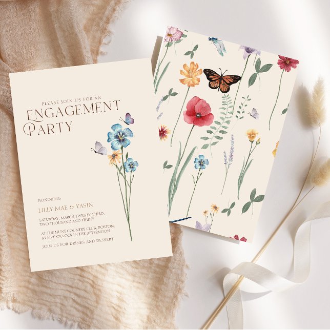 Invitation Parti d'engagement du Mariage Fleur sauvage bleu s (Simple Blue Wildflower Wedding Engagement Party Invitation)