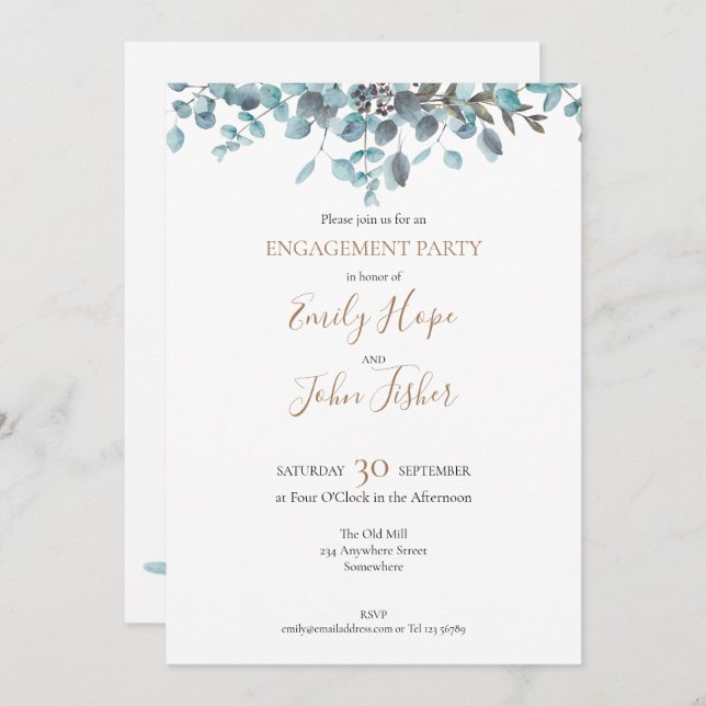 Invitation Parti d'engagement Eucalyptus à l'aquarelle bleue (Devant / Derrière)
