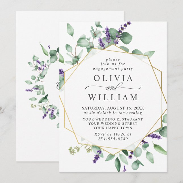 Invitation PARTI D'ENGAGEMENT Eucalyptus Lavender (Devant / Derrière)