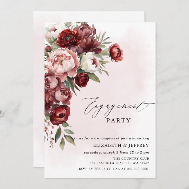 Invitation Parti d'engagement floral de Burgundy moderne (Devant / Derrière)
