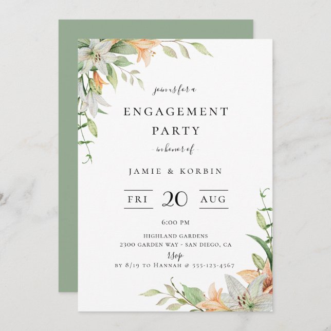 Invitation Parti d'engagement floral de Lily botanique modern (Devant / Derrière)