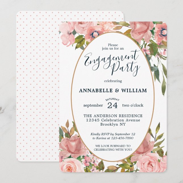 Invitation Parti d'engagement Floral Rose Blush Gold (Devant / Derrière)