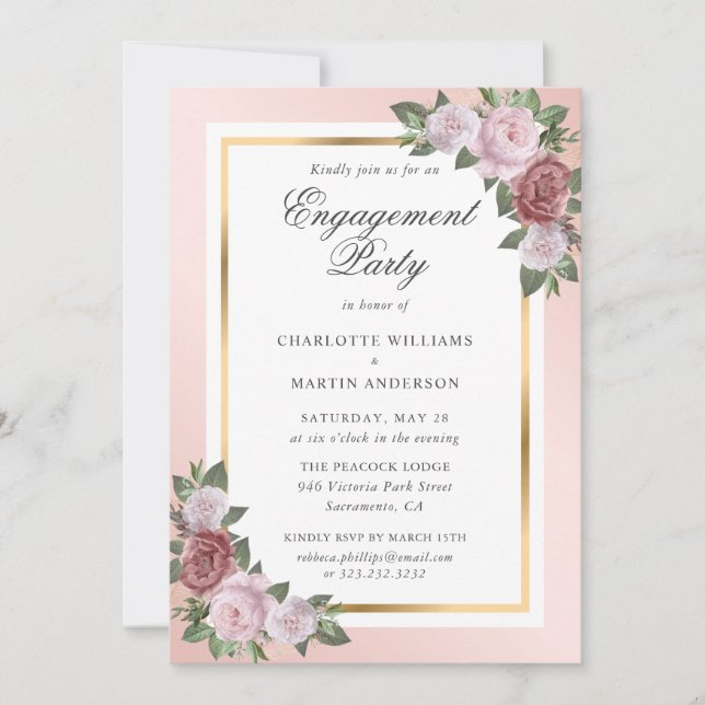 Invitation Parti d'engagement floral rose et or (Devant)