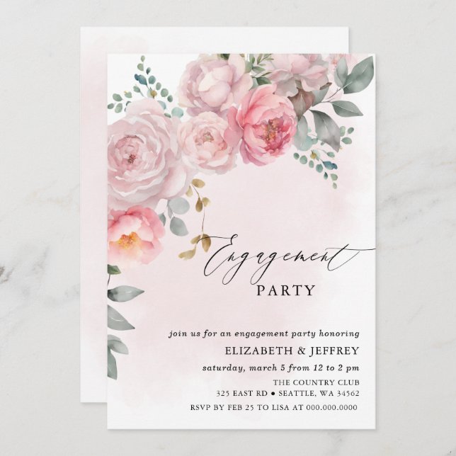 Invitation Parti d'engagement floral rose rose élégant modern (Devant / Derrière)