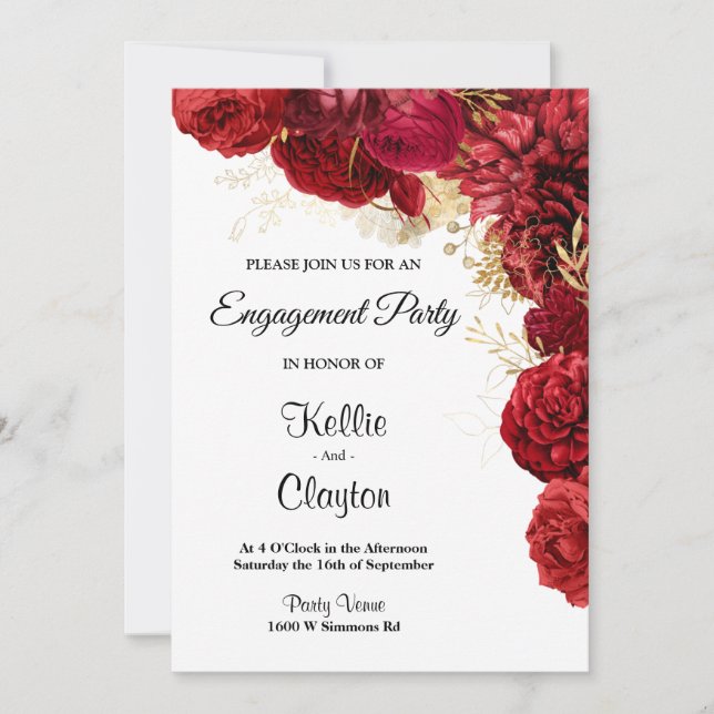 Invitation Parti d'engagement Floral Rouge Et Or (Devant)