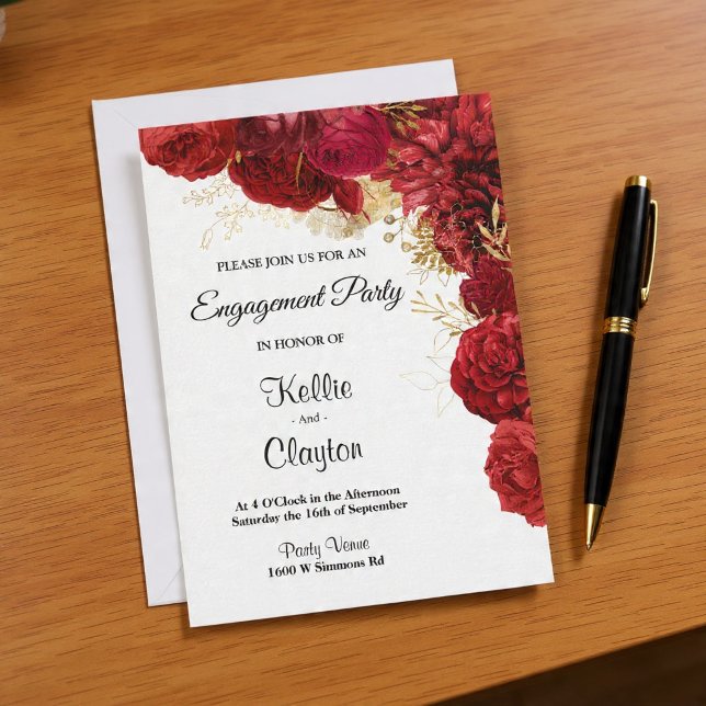Invitation Parti d'engagement Floral Rouge Et Or (Créateur téléchargé)
