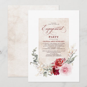 Invitation Parti d'engagement floral rouge et rose de Bourgog