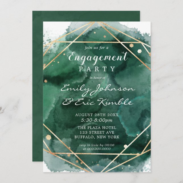 Invitation Parti d'engagement géométrique Green Gold (Devant / Derrière)