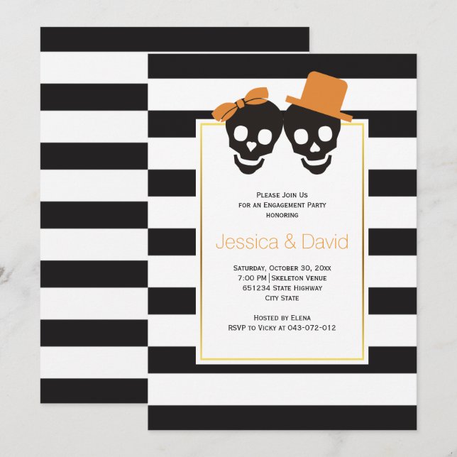 Invitation Parti d'engagement mariage Halloween en couple crâ (Devant / Derrière)