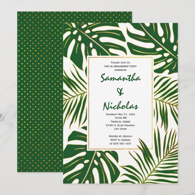 Invitation Parti d'engagement mariage moderne feuille tropica (Devant / Derrière)