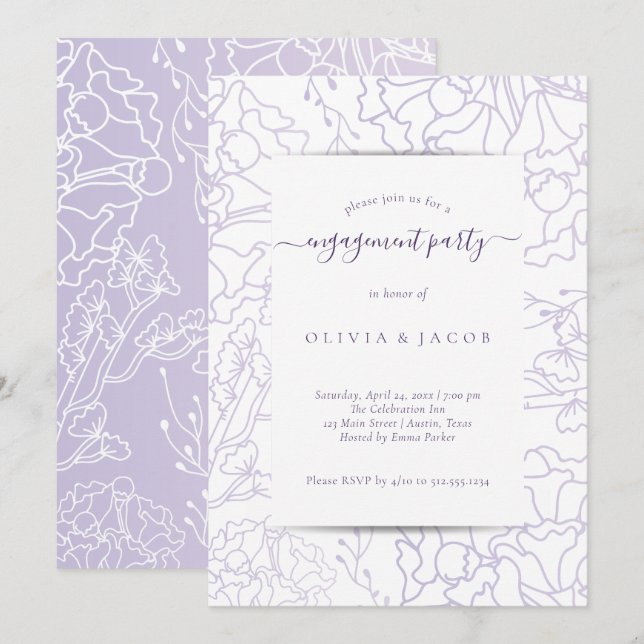 Invitation Parti d'engagement minimaliste Mariage violet (Devant / Derrière)