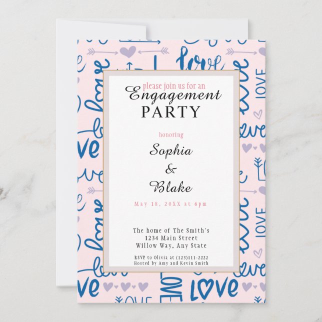 Invitation Parti d'engagement moderne Pink & Blue Love (Devant)