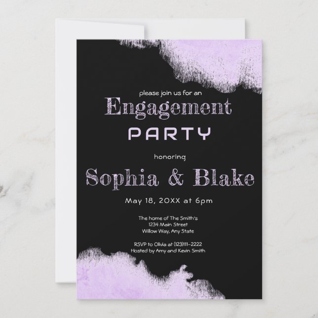 Invitation Parti d'engagement moderne violet et noir (Devant)