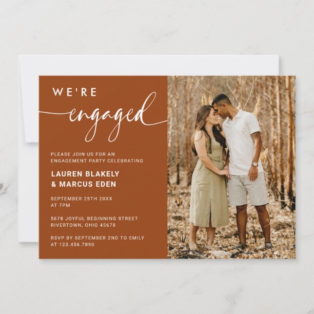 Invitation Parti d'engagement photo en terre cuite rustique m (Devant)