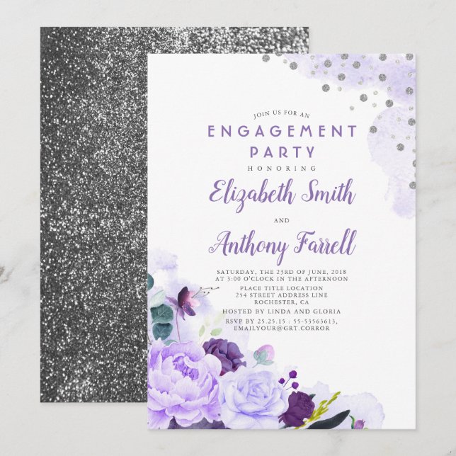 Invitation Parti d'engagement romantique floral violet et arg (Devant / Derrière)