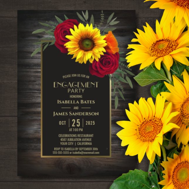Invitation Parti d'engagement Rose de tournesol en bois rusti (Créateur téléchargé)
