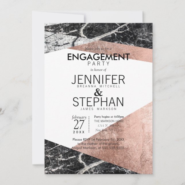 Invitation Parti d'engagement Rose moderne en or et marbre (Devant)