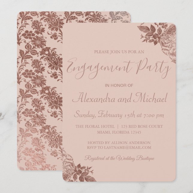 Invitation Parti d'engagement Rose rose Gold et Rose Blush (Devant / Derrière)