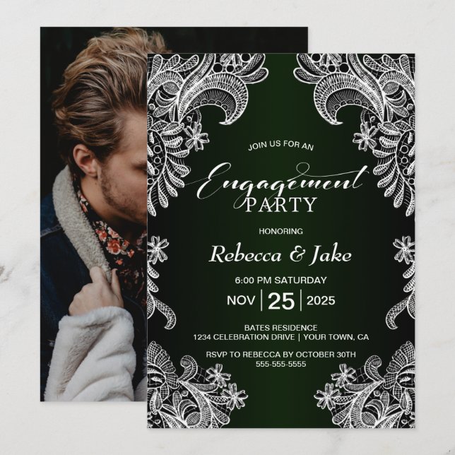 Invitation Parti d'engagement vert de White Lace (Devant / Derrière)