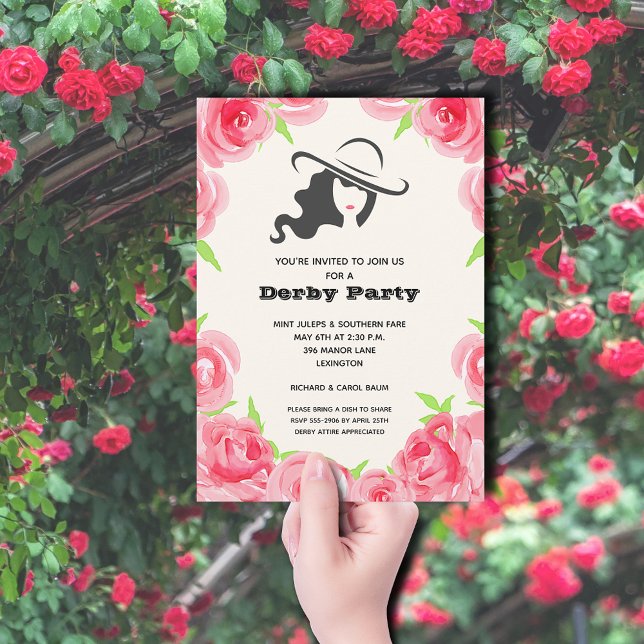 Invitation Parti Derby des Roses d'aquarelle (A lady in her big hat and a rose border Derby Party invitations)