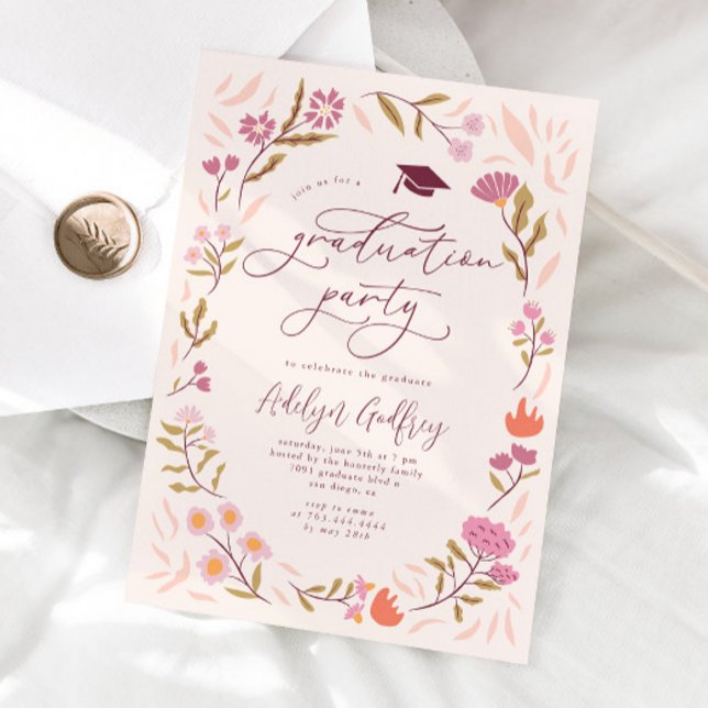 Invitation Parti des diplômés Fleur sauvage roses (Créateur téléchargé)