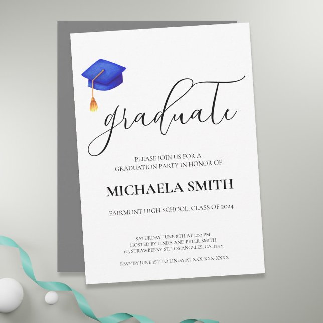 Invitation Parti d'études secondaires Casquette bleu de la ma (Modern Navy Blue Cap High School Graduation Party Invitation)