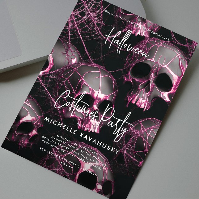 Invitation Parti d'Halloween adulte moderne crâne rose noir (Modern Adult Halloween Party Black Pink Skull Invitation
)