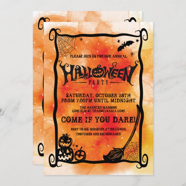 Invitation Parti d'Halloween Citrouille orange (Devant / Derrière)