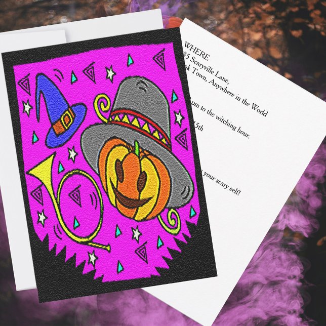 Invitation Parti d'Halloween Jack OLantern et Bugle Purple (Halloween Party Jack o Lantern and Bugle Purple Invitation)