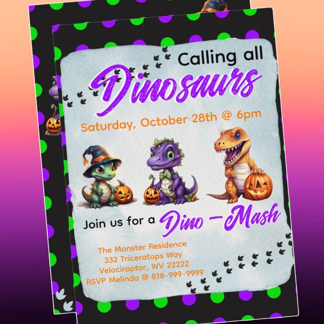 Invitation Parti Dino-Mash d'Halloween (Halloween Dinosaur Dino-Mash Party Invitation with purple font)