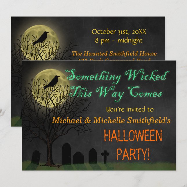 Invitation Parti Halloween| Corbeau de cimetière et lune (Devant / Derrière)