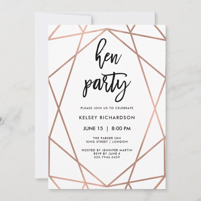 Invitation Parti Hen| Faux Rose Gold Géométrique en blanc (Devant)