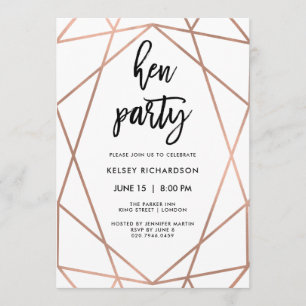 Invitation Parti Hen  Faux Rose Gold Géométrique en blanc