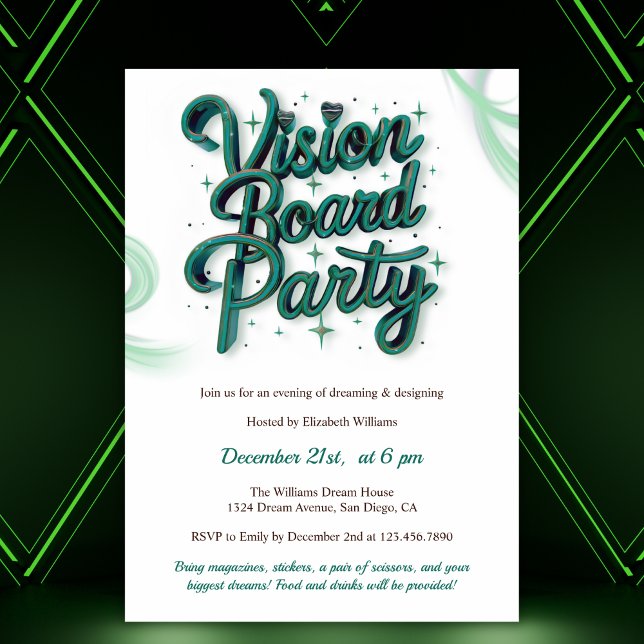 Invitation Parti Manifestation de la Commission de vision ver (Neon Green Vision Board Manifestation Party Invitation)