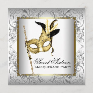 Invitation Parti Masquerade du Sweet sixteen blanc noir d'or