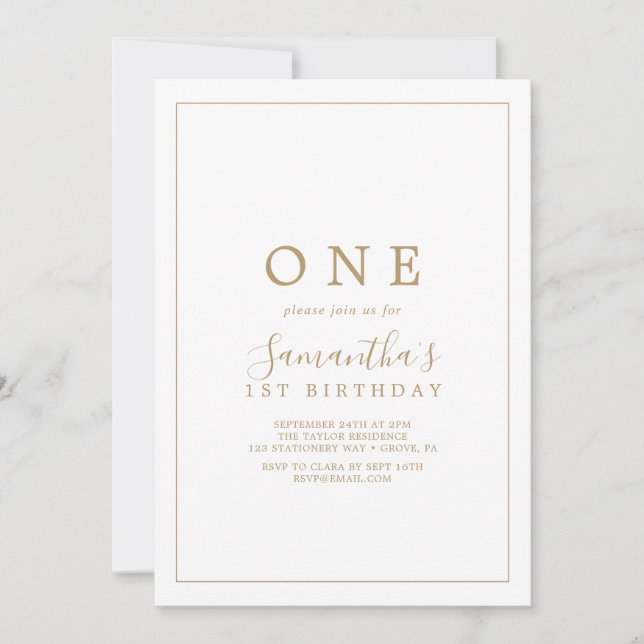 Invitation Parti minimaliste Gold Premier anniversaire (Devant)