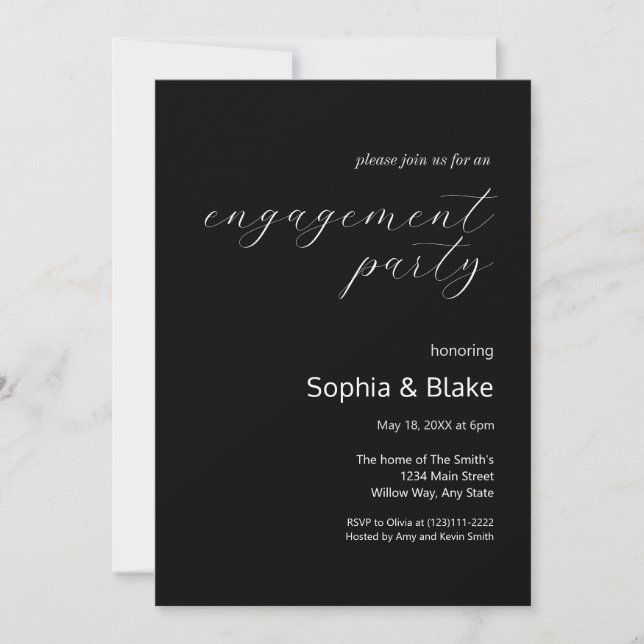 Invitation Parti minimaliste moderne Black and White Engageme (Devant)