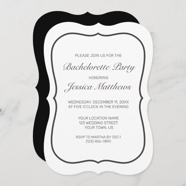 Invitation Parti minimaliste moderne noir blanc Bachelorette (Devant / Derrière)