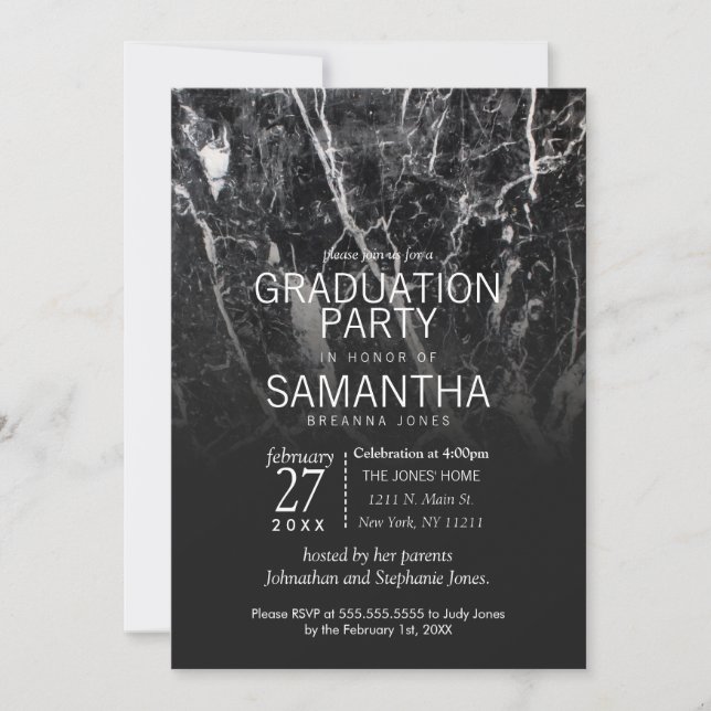 Invitation Parti moderne de la graduation en noir et Marbre b (Devant)